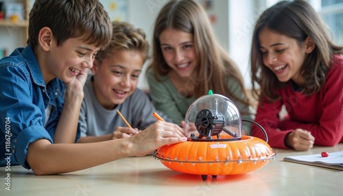 Enthusiastic students designing a futuristic hovercraft model during a STEM workshop, integrating creativity, teamwork, and engineering skills