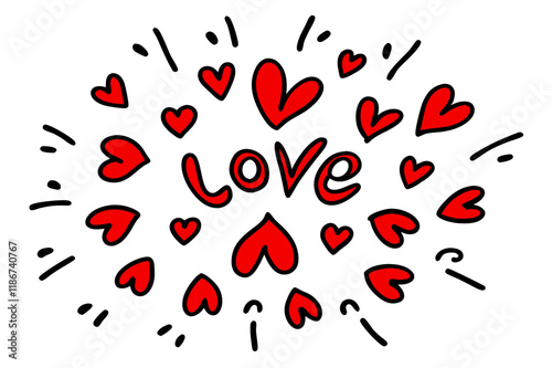 Celebrate Valentine's Day with a hand-drawn illustration featuring love typography, red hearts explosion, black ink sketch style, white background, radial composition, and dynamic doodle art.