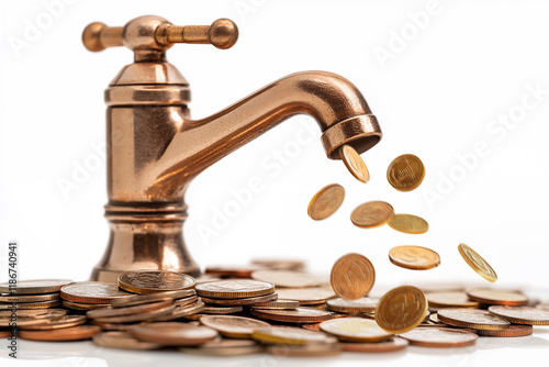 Water tap with coins isolated on white background. Generative AI