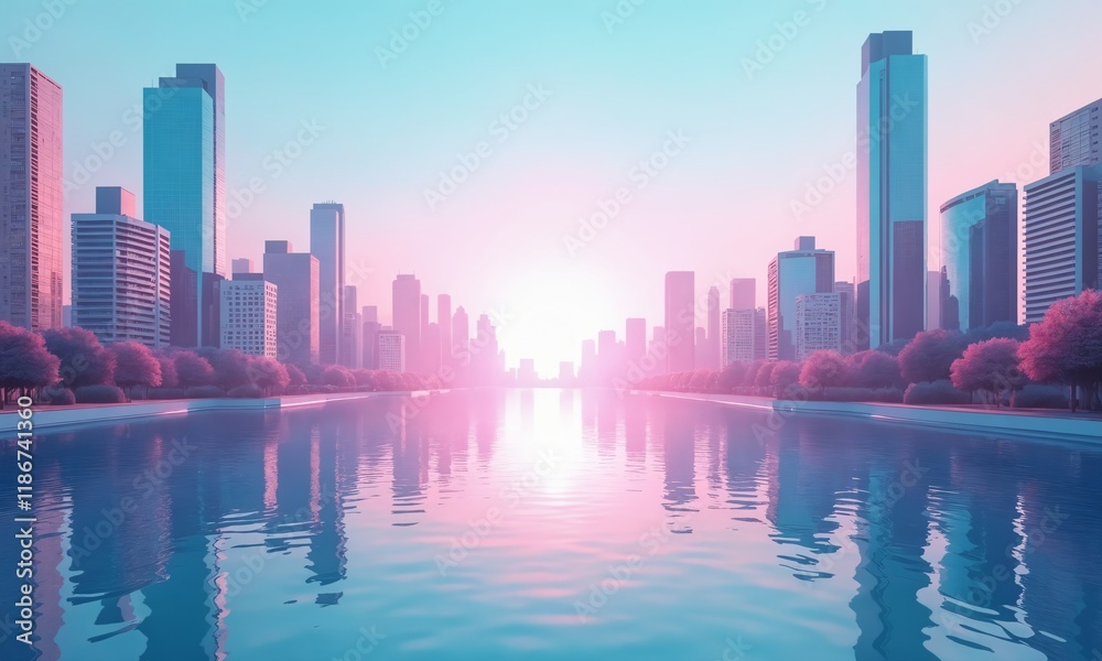 Fototapeta premium A surreal cityscape with a mirrored effect, featuring tall, modern skyscrapers in vibrant pastel tones of pink, blue, and teal, reflecting into a seamless horizon.