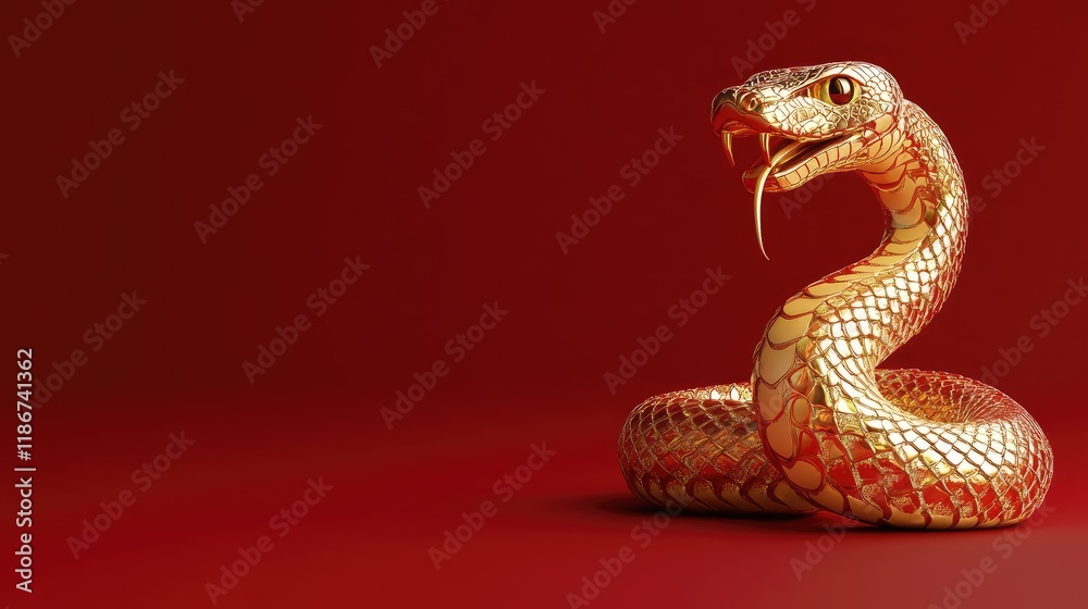 Fototapeta premium 3D rendered Year of the Snake decoration for Chinese New Year 2025 on a rich red backdrop, highlighting the elegance of the upcoming year celebration.