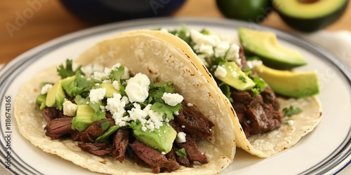 Savory smoked venison soft tacos are enhanced with fresh avocado, zesty quesa verde, and crumbled queso fresco cheese, creating a delightful dish featuring smoked venison flavors. photo