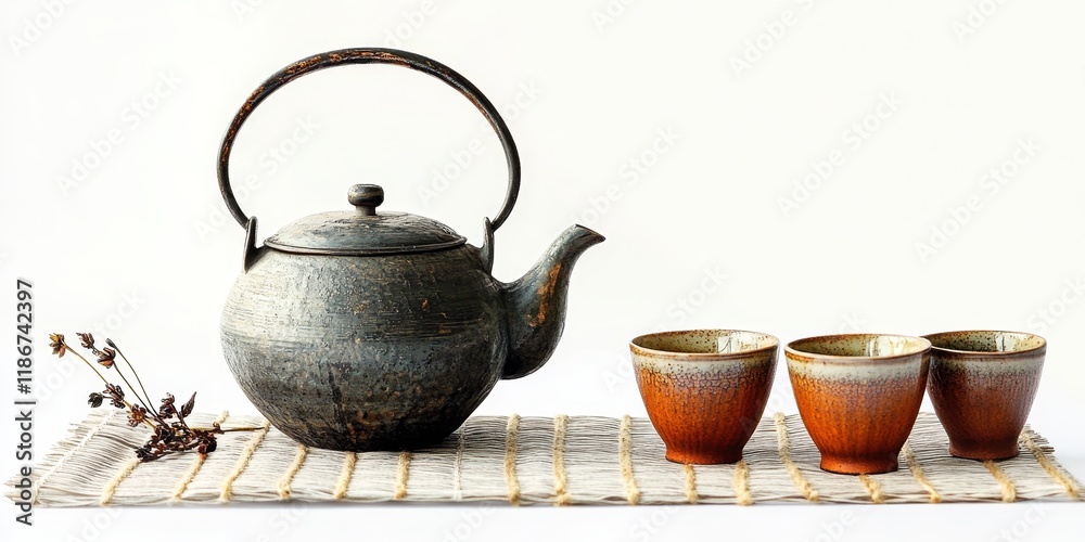 Tea Time Arrangement A metal kettle accompanied by ceramic cups presented against a white backdrop, creating a delightful tea time setting that is visually appealing. Tea Time Arrangement A metal kettle accompanied by ceramic cups presented against a white backdrop, creating a delightful tea time setting that is visually appealing.