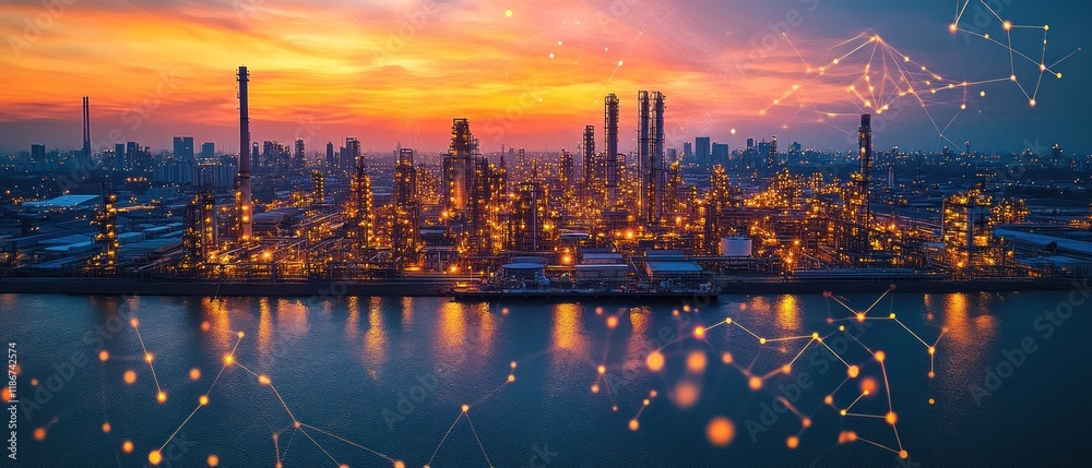 Fototapeta premium A vibrant industrial skyline at sunset, showcasing energy production and technological advancement.