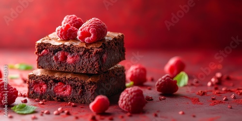 Delicious raspberry brownies displayed on a vibrant red cover, showcasing the rich texture and tempting colors of the raspberry brownies. Indulge in the sweetness of these raspberry brownies.