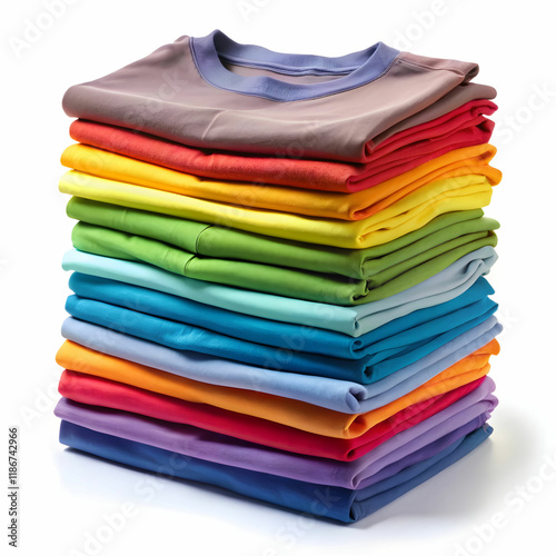 A stack of neatly folded T-shirts in assorted colors,