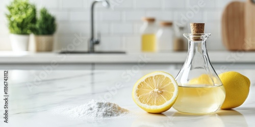 Vinegar, baking soda, and lemon displayed on a white marble table in a kitchen, showcasing eco friendly natural detergents with a space for text. Highlight the effectiveness of vinegar, baking soda, photo