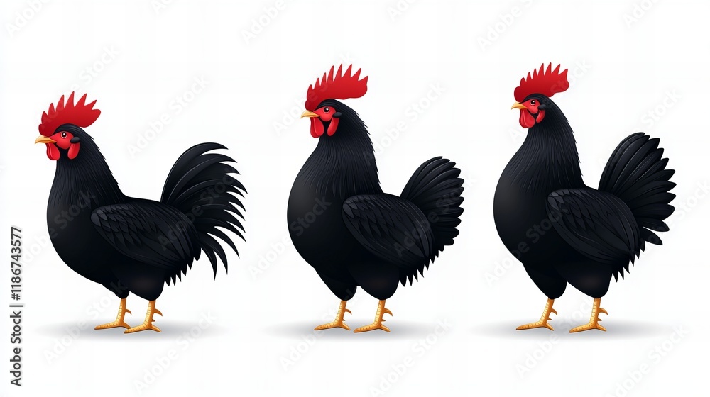 Fototapeta premium Three black roosters with red combs stand against a white background. A striking image of poultry.