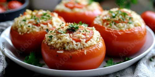 Delicious stuffed tomatoes featuring a savory rice mixture combined with flavorful tomato. This dish showcases the delightful taste of stuffed tomatoes with a rich tomato flavor.