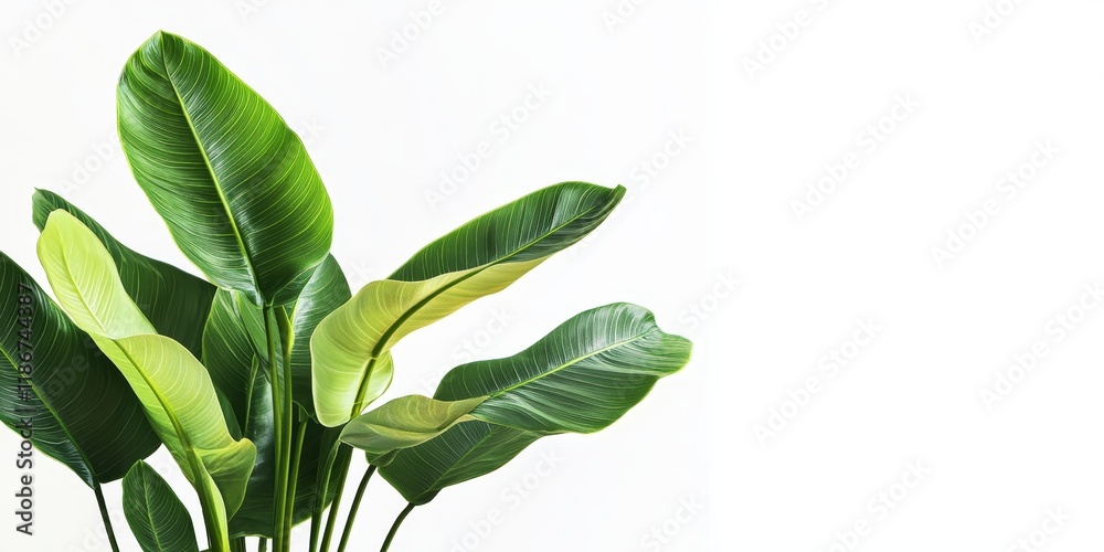 Fototapeta premium Image of a vibrant green plant featuring large leaves set against a clean white background, highlighting the beauty of the green plant and its striking foliage. Perfect for nature enthusiasts.