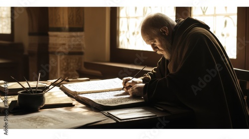 Set in a historic library, a monk is deeply engrossed in writing an ancient manuscript, capturing the essence of dedication to preserving knowledge and history.