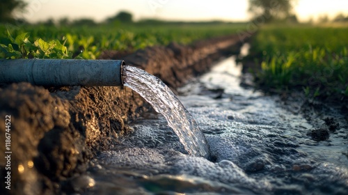 Obraz na płótnie Pump pipe water flow equipment is essential for agriculture, as it facilitates water flow from a well to a pond, ensuring efficient irrigation. This pump pipe water flow equipment enhances farm w salonie
