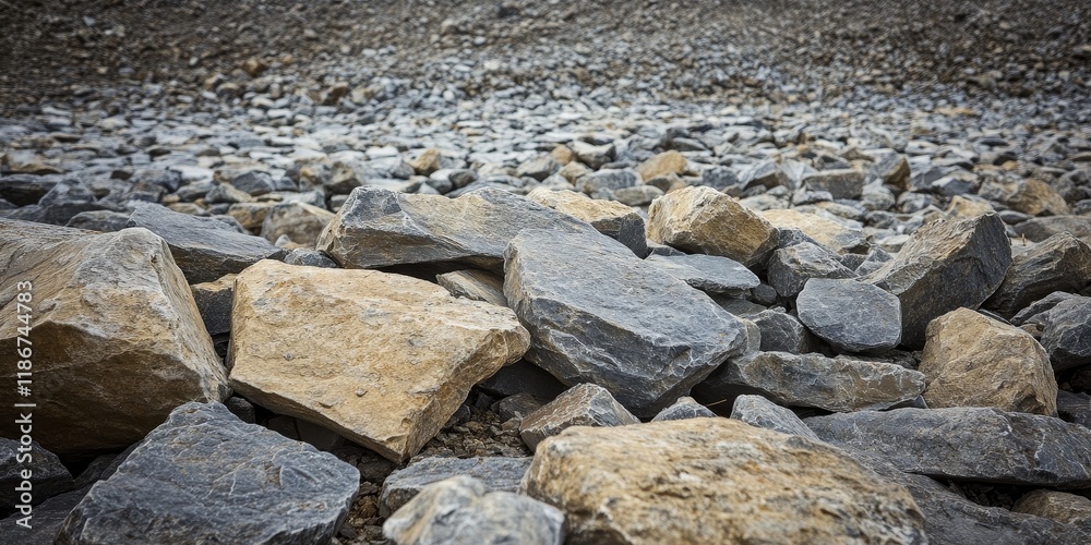 Stones scattered across the construction site create a rugged terrain, showcasing the essential role that stones play in the building process and overall construction site development. Stones scattered across the construction site create a rugged terrain, showcasing the essential role that stones play in the building process and overall construction site development.