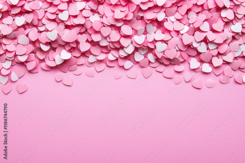 Heart shaped confetti scattered on pastel pink background Heart shaped confetti scattered on pastel pink background