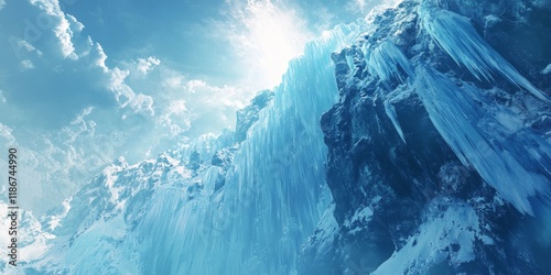 A captivating view looking up at an ice wall, showcasing the impressive features of a glacier during the summer season. This ice wall highlights the natural beauty and majesty of glacial formations.