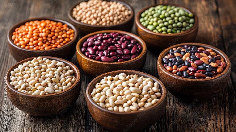 Variety of assorted beans displayed in bowls against a wooden background, showcasing the diverse textures and colors of assorted beans for culinary inspiration. Variety of assorted beans displayed in bowls against a wooden background, showcasing the diverse textures and colors of assorted beans for culinary inspiration.