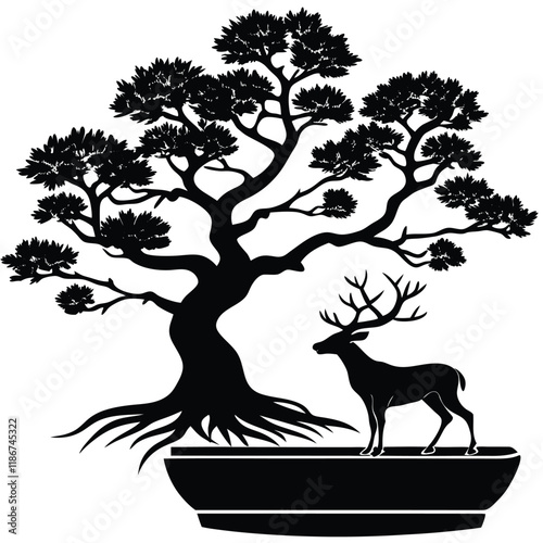 A minimalist vector silhouette featuring a bonsai tree with a gracefully twisted trunk and well-defined layered foliage, placed in a traditional bonsai pot with sharp,