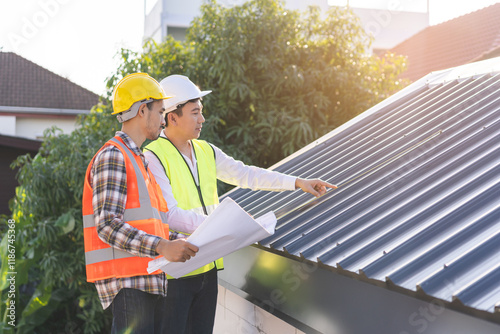 Builder team, foreman house asian young engineer, architect, contractor discussing metal sheet rooftop on blueprint follow project to build industrial plan at outdoor site. Engineering worker people. photo