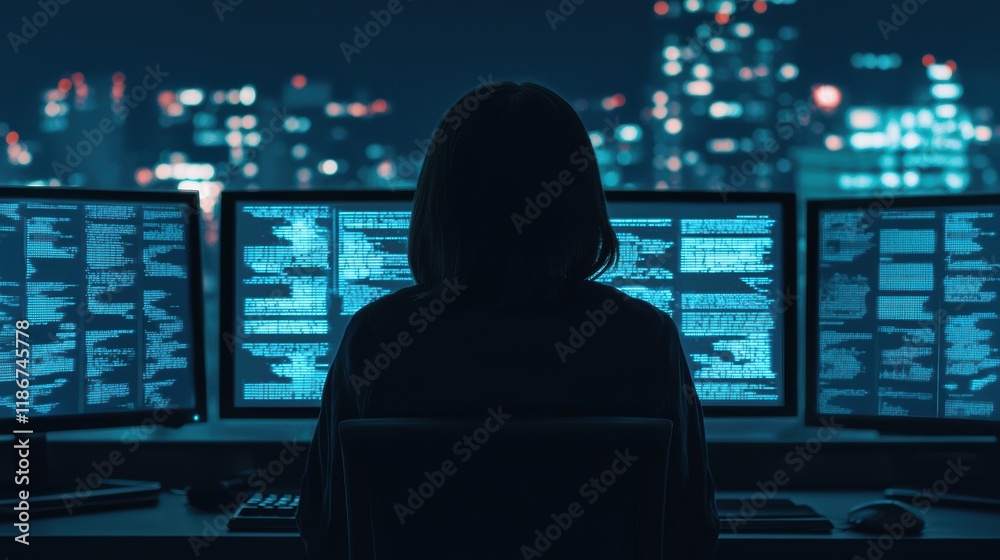 Woman Working Late at Night with Multiple Computer Screens Displaying Code Woman Working Late at Night with Multiple Computer Screens Displaying Code