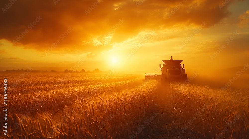 Fototapeta premium Golden Harvest Sunset Silhouette Combine Harvester Field
