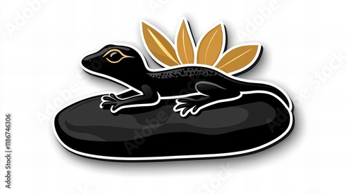 A sleek black lizard basks on a smooth, dark stone, adorned with golden leaves.  A captivating illustration. photo