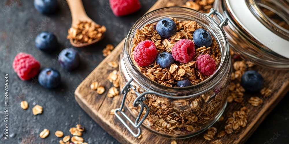 Homemade granola featuring blueberries and raspberries displayed in an open glass jar on a rustic wooden cutting board, highlighting the deliciousness of homemade granola in a natural setting. Homemade granola featuring blueberries and raspberries displayed in an open glass jar on a rustic wooden cutting board, highlighting the deliciousness of homemade granola in a natural setting.