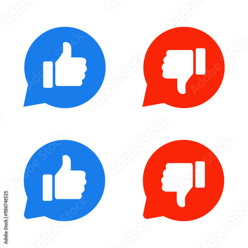 Like and dislike hand icon on speech bubble. Thumb up and down color sign symbol