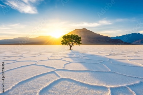 A solitary tree growing on Isla Incahuasi, its silhouette framed against the vast salt flats at sunrise photo