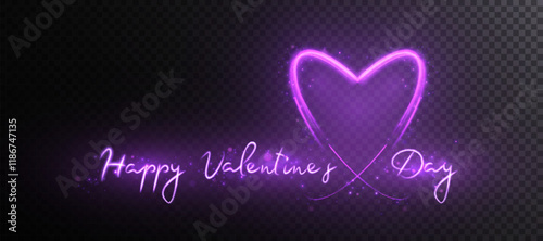 Glowing Valentine's Day lettering for holiday cards, banners, invitations. Glowing bright heart with bokeh and glitter.