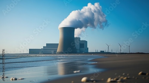 Innovative Energy Fusion: Nuclear Power Plant Alongside Advanced Wind Turbines. Abstract Marketing Background Showcasing Sustainable Technology. 32K High-Tech Industrial Design for Clean Energy Evolut photo