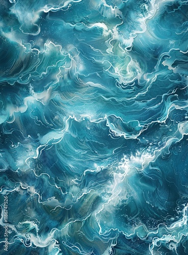 Pure blue turquoise water texture of the ocean sea with foam and waves photo