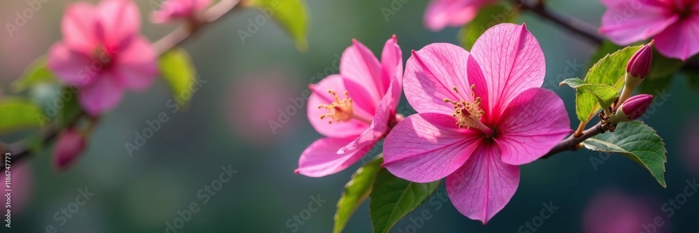 Large pink and purple flowers in full bloom on a leafy branch, pink, botanical Large pink and purple flowers in full bloom on a leafy branch, pink, botanical