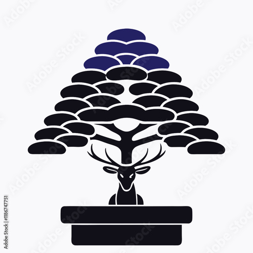 A minimalist vector silhouette featuring a bonsai tree with a gracefully twisted trunk and well-defined layered foliage, placed in a traditional bonsai pot with sharp,