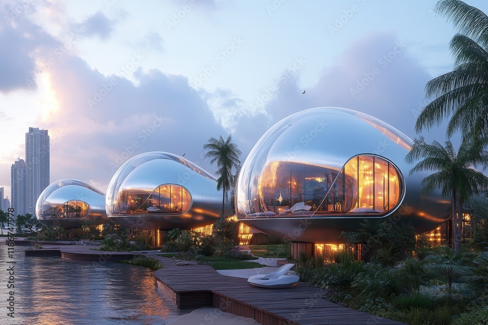 Obraz premium A stunning high-tech resort with UV-protective domes and reflective pools, blending modernity with nature