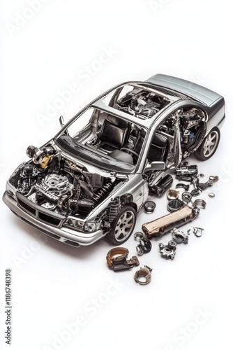 A car taken apart to reveal various components, ideal for use in illustrations about mechanics or DIY projects photo