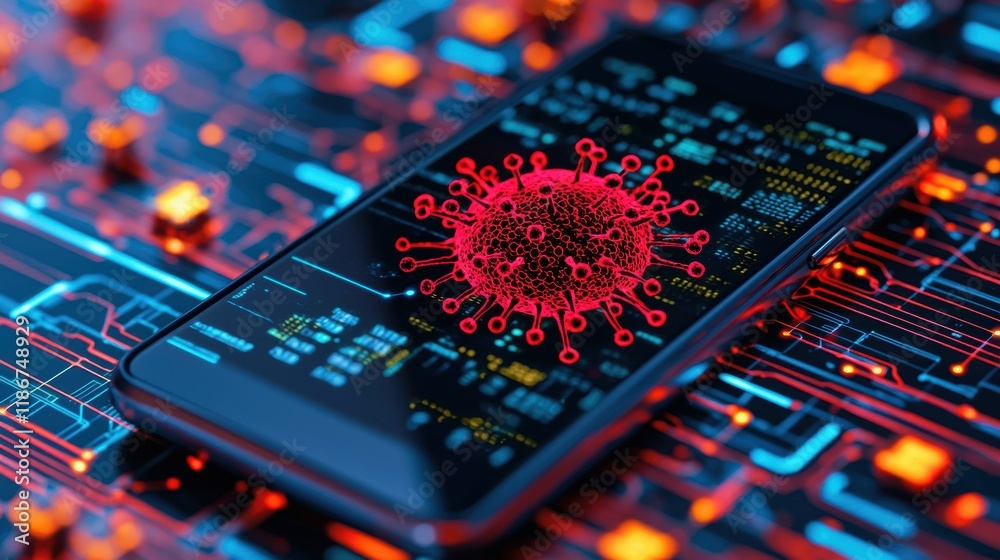 Obraz premium Digital Concept of Smartphone with Virus Illustration on Circuit Board