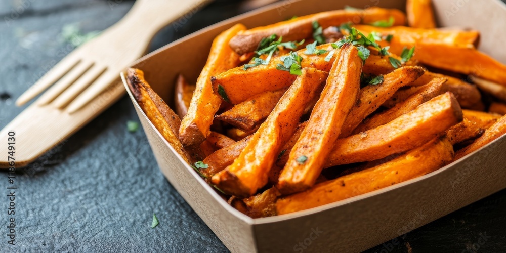 Sweet potato fries served in a takeaway container, featuring a wooden fork. This presentation showcases the appeal of sweet potato fries in eco friendly, sustainable, and plastic free packaging. Sweet potato fries served in a takeaway container, featuring a wooden fork. This presentation showcases the appeal of sweet potato fries in eco friendly, sustainable, and plastic free packaging.