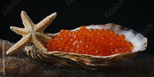 Red chum salmon caviar presented in an oyster shell, accompanied by a starfish. This composition highlights the vibrant colors and textures of red chum salmon caviar against a dark background. photo