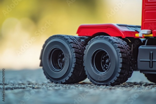 A small red toy truck driving on a gravel road, perfect for use in illustrations or designs about childhood, transportation, or adventure photo