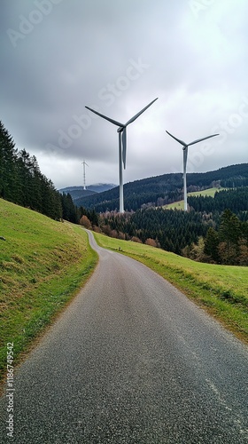 Innovative Energy Fusion: Nuclear Power Plant Alongside Advanced Wind Turbines. Abstract Marketing Background Showcasing Sustainable Technology. 32K High-Tech Industrial Design for Clean Energy Evolut photo