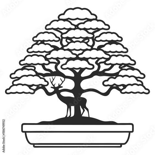 A minimalist vector silhouette featuring a bonsai tree with a gracefully twisted trunk and well-defined layered foliage, placed in a traditional bonsai pot with sharp,