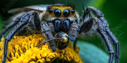 Spider has captured a bee, sinking its fangs into the creature. This image of a spider with its fangs in a bee showcases the raw nature of predation in the animal kingdom. photo