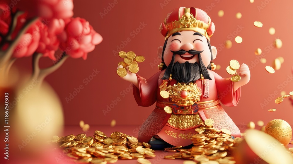 A joyful 3D illustration of the Chinese God of Wealth, radiating happiness and prosperity with golden coins and festive New Year decorations. A joyful 3D illustration of the Chinese God of Wealth, radiating happiness and prosperity with golden coins and festive New Year decorations.
