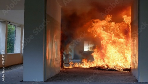 A gloomy scene of a fire breaking out in an abandoned building, flames spreading through the cracks in windows and doors