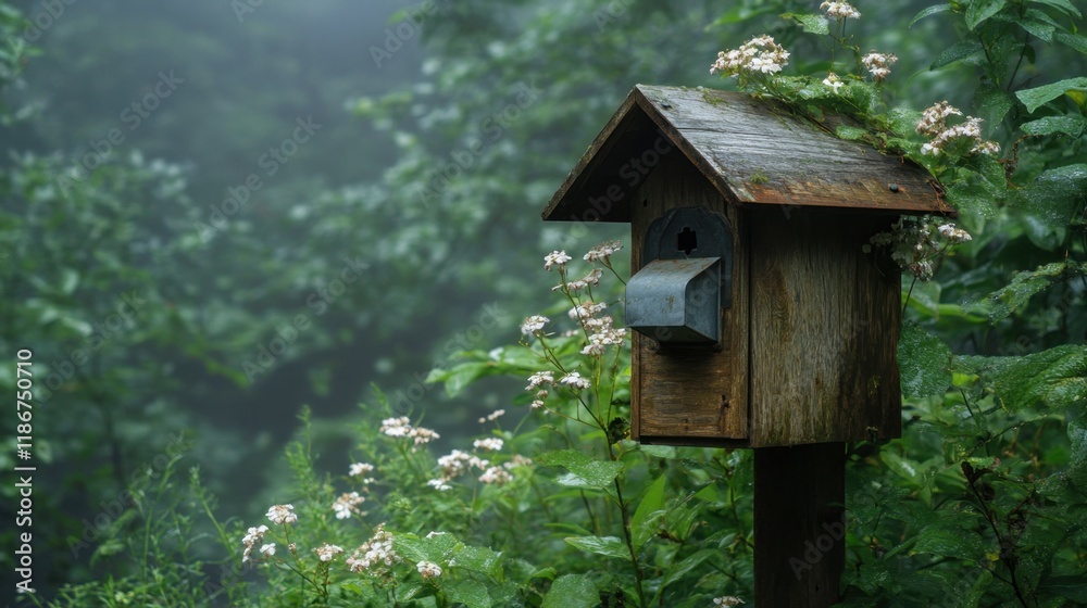 Rustic Birdhouse Surrounded by Lush Greenery and Flowers in Fog Rustic Birdhouse Surrounded by Lush Greenery and Flowers in Fog