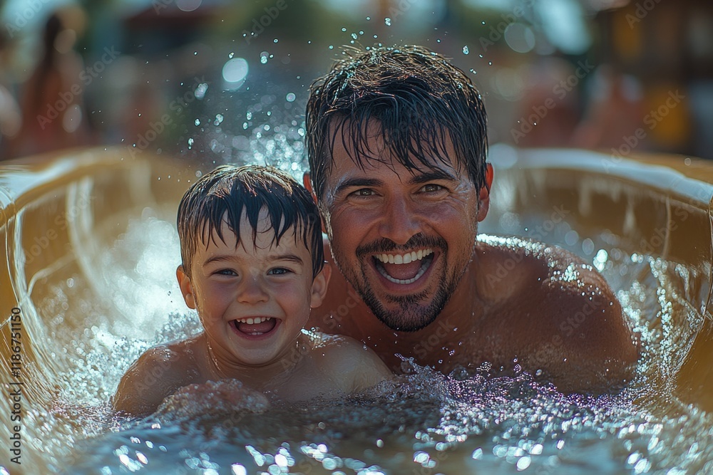 A father and son enjoying quality time together at a water park, great for family or kids' themed projects A father and son enjoying quality time together at a water park, great for family or kids' themed projects
