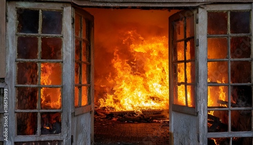 A gloomy scene of a fire breaking out in an abandoned building, flames spreading through the cracks in windows and doors photo