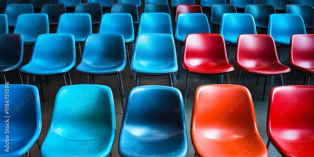 Naklejka premium A series of seats arranged in rows, showcasing armchairs that are either blue or red in color.