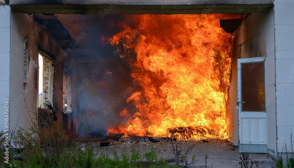 Obraz premium A gloomy scene of a fire breaking out in an abandoned building, flames spreading through the cracks in windows and doors