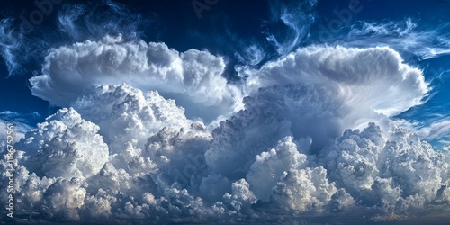 Majestic white cumulonimbus clouds dominate the sky, showcasing the beauty of convective clouds. This stunning display of white cumulonimbus clouds highlights their powerful formation and depth. photo